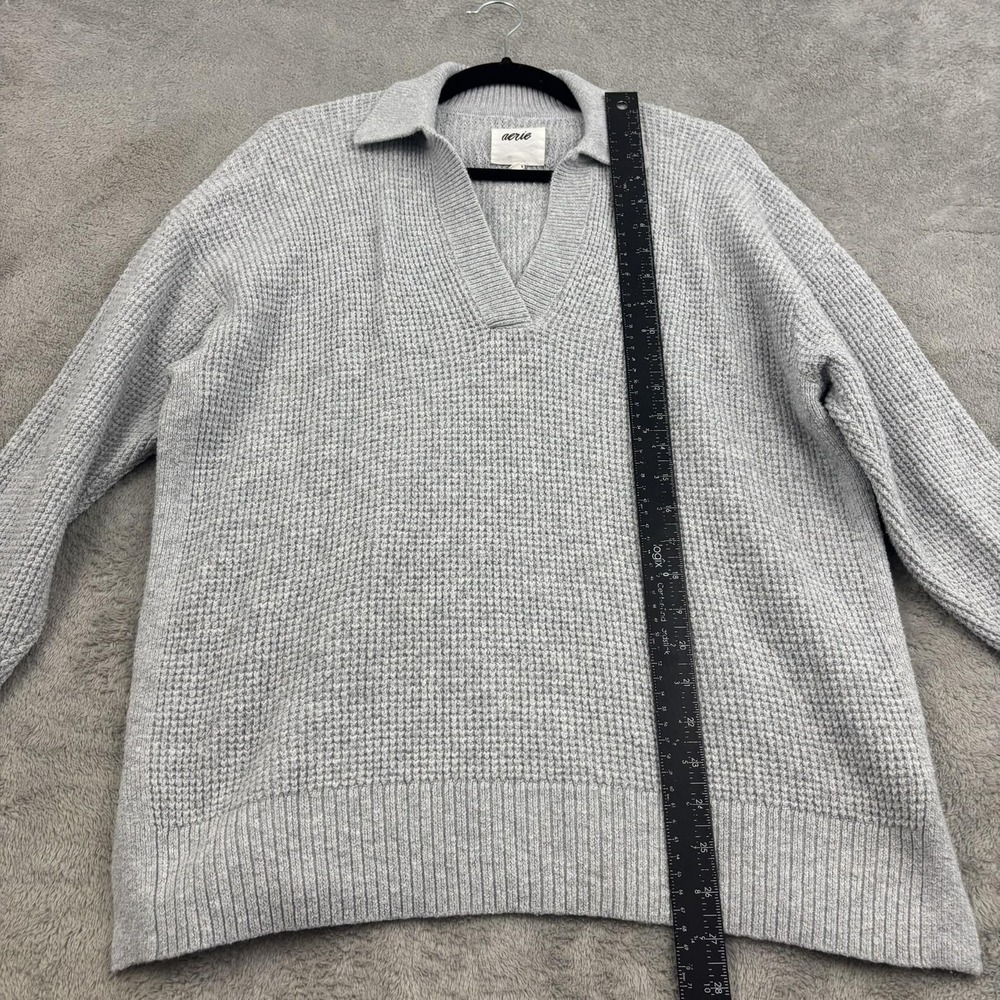 Aerie CozyUp Waffle Knit Polo Sweater‎ Womens XS Gray Relaxed Lagenlook Beachy - Picture 9 of 15